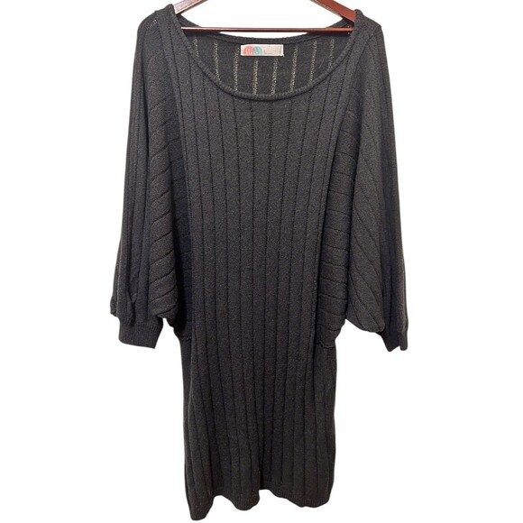 FP BEACH Black Ribbed Knit Sweater Dress Beach Cover-Up Dolman Sleeve Boho Large - Picture 1 of 8